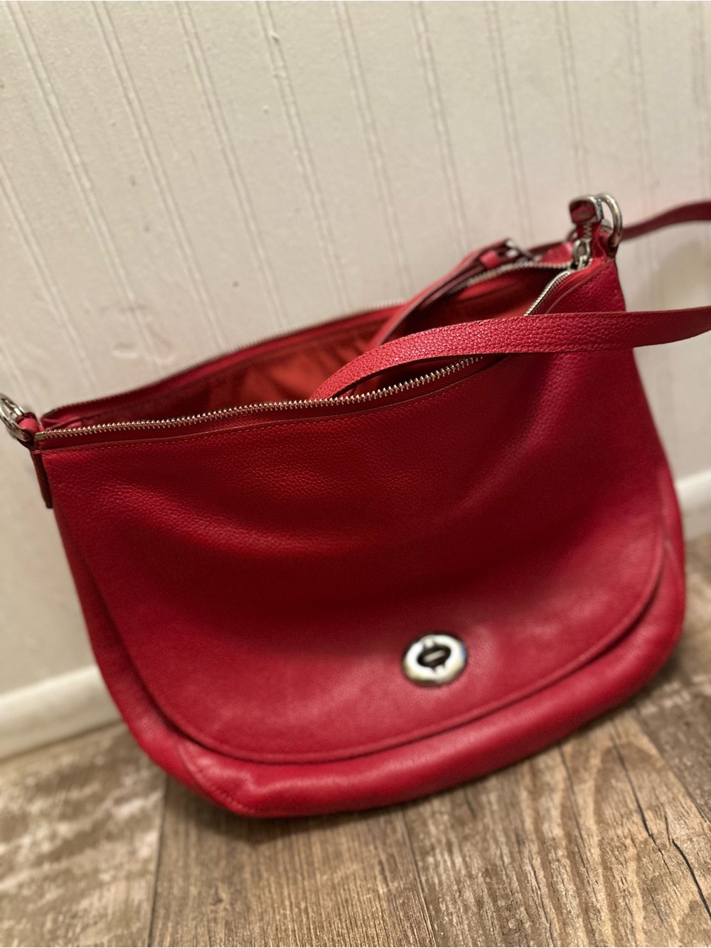 Coach Red Leather Hobo with Silver-Tone Turnlock